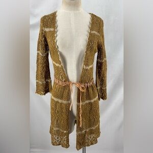 Lucy Paris Open Knit Cardigan Brown Gold Metallic Tie Waist Sweater Small